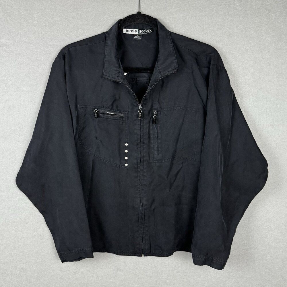 Jamie‎ Sadock Sz L 100% Silk Utilitarian Cybergrunge Tech Wear Goth Jacket *flaw